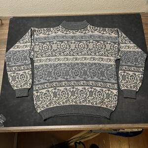 Vintage Fair Isle Wool Crewneck Floral Filigree Sweater Thick XL 1980s Lopapeysa